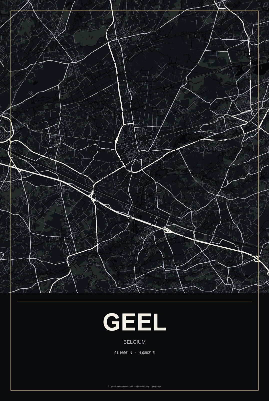 Geel, Belgium City Map Aluminum Sign in Metropolitan Noir style