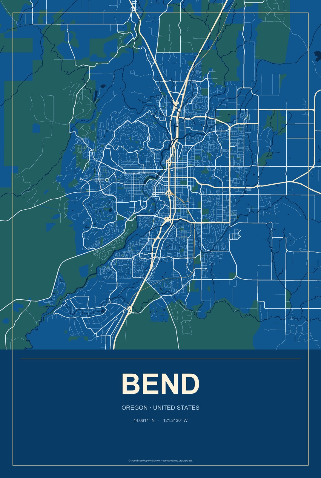 Bend, Oregon City Map Aluminum Sign in Harbor Cobalt style