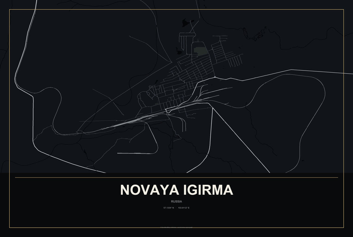 Novaya Igirma, Russia City Map Aluminum Sign in Metropolitan Noir style