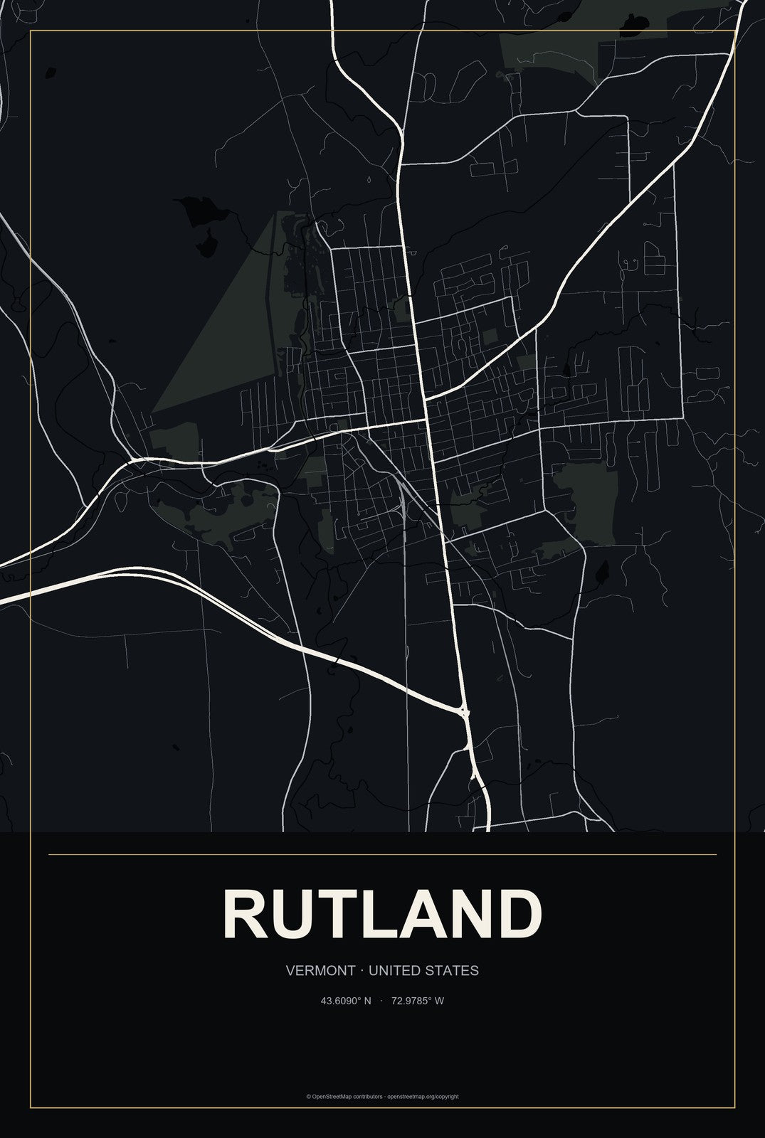 Rutland, Vermont City Map Aluminum Sign in Metropolitan Noir style