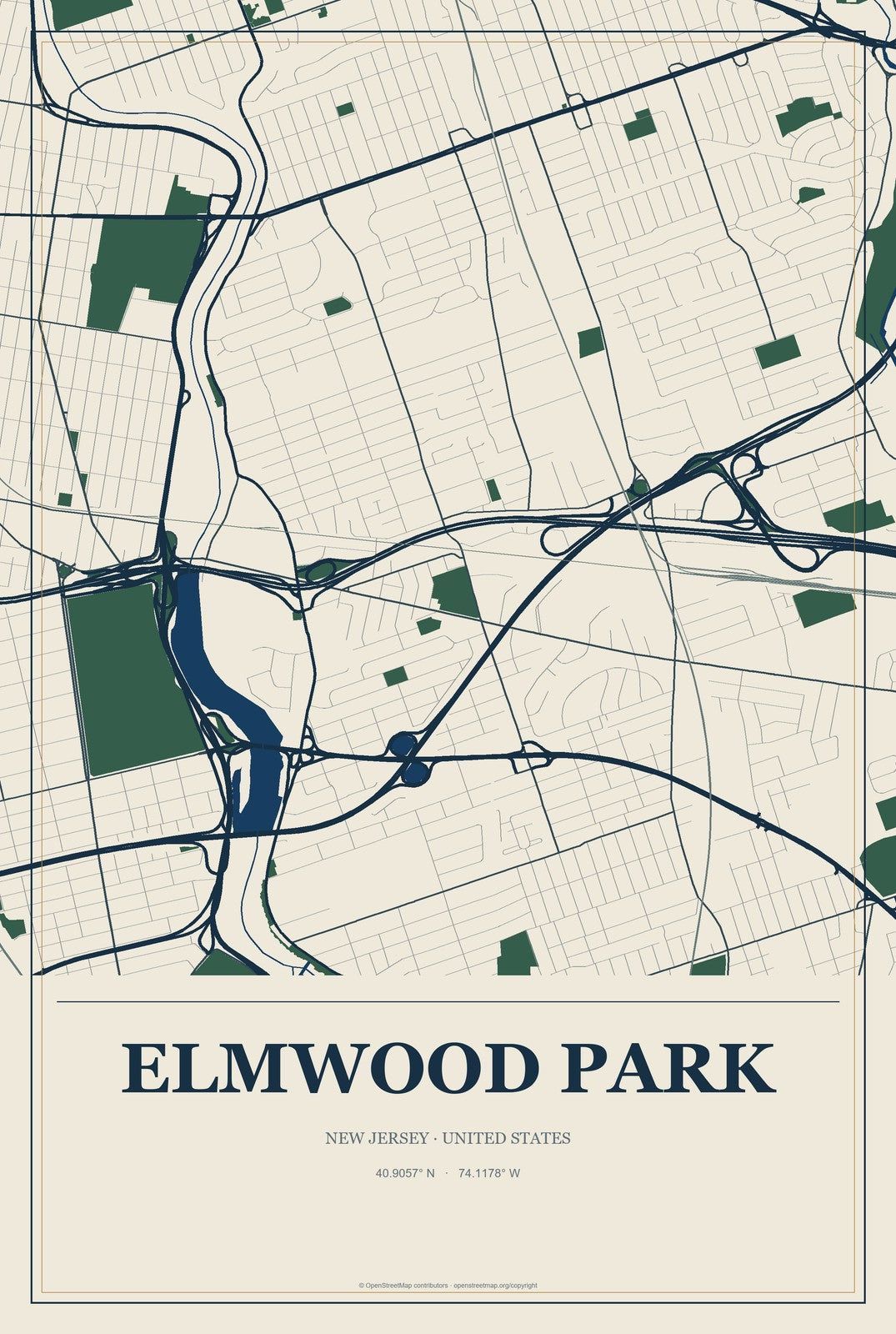 Elmwood Park, New Jersey City Map Aluminum Sign in Coastal Cutout style