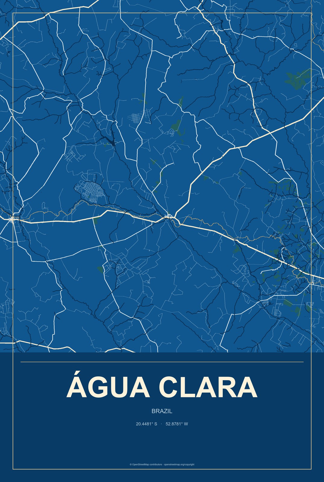 Água Clara, Brazil City Map Aluminum Sign in Harbor Cobalt style