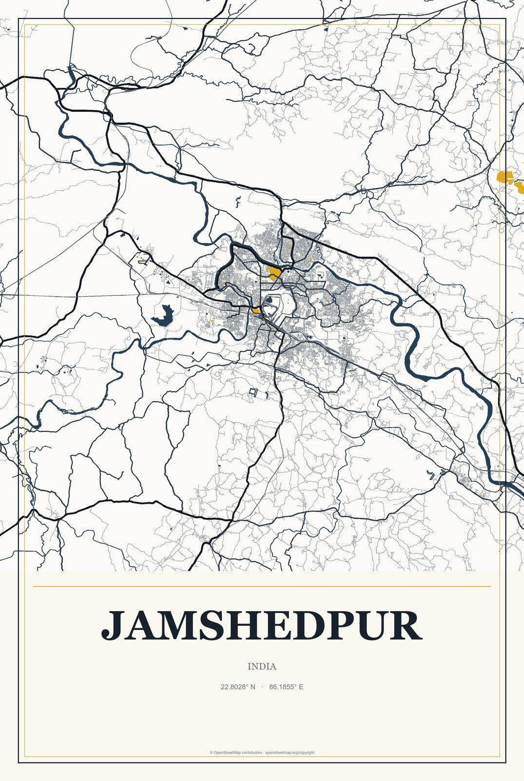 Jamshedpur, India City Map Aluminum Sign in Citrine Modern style