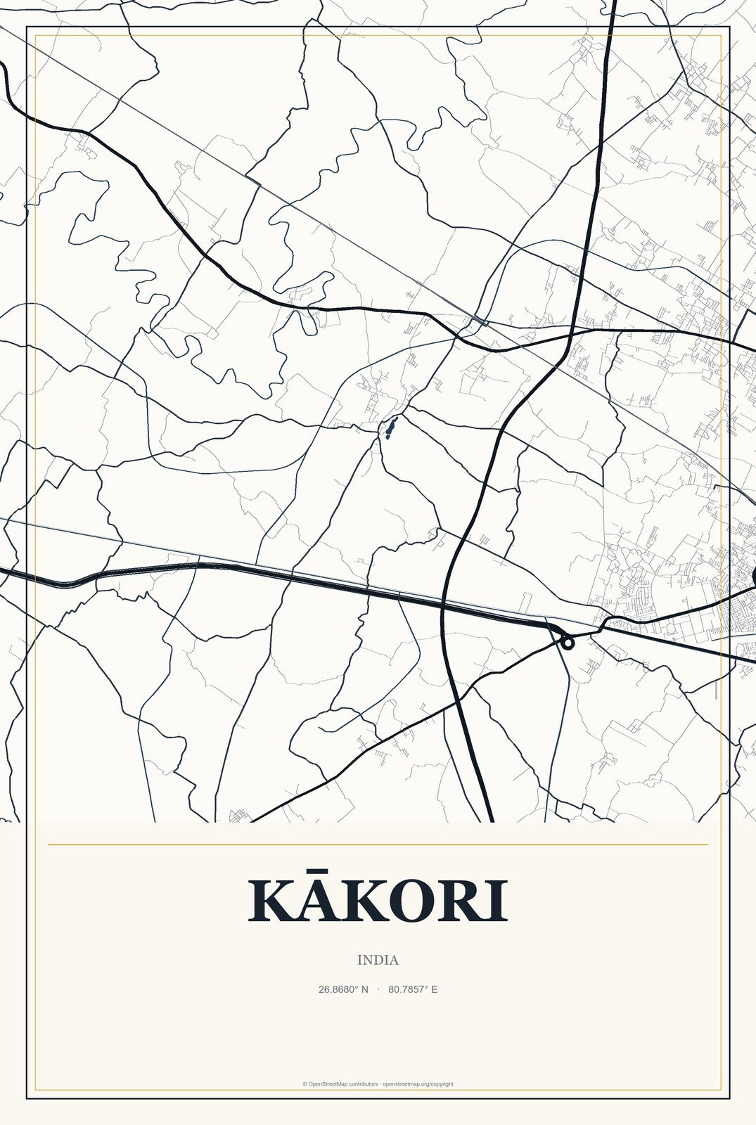 Kākori, India City Map Aluminum Sign in Citrine Modern style