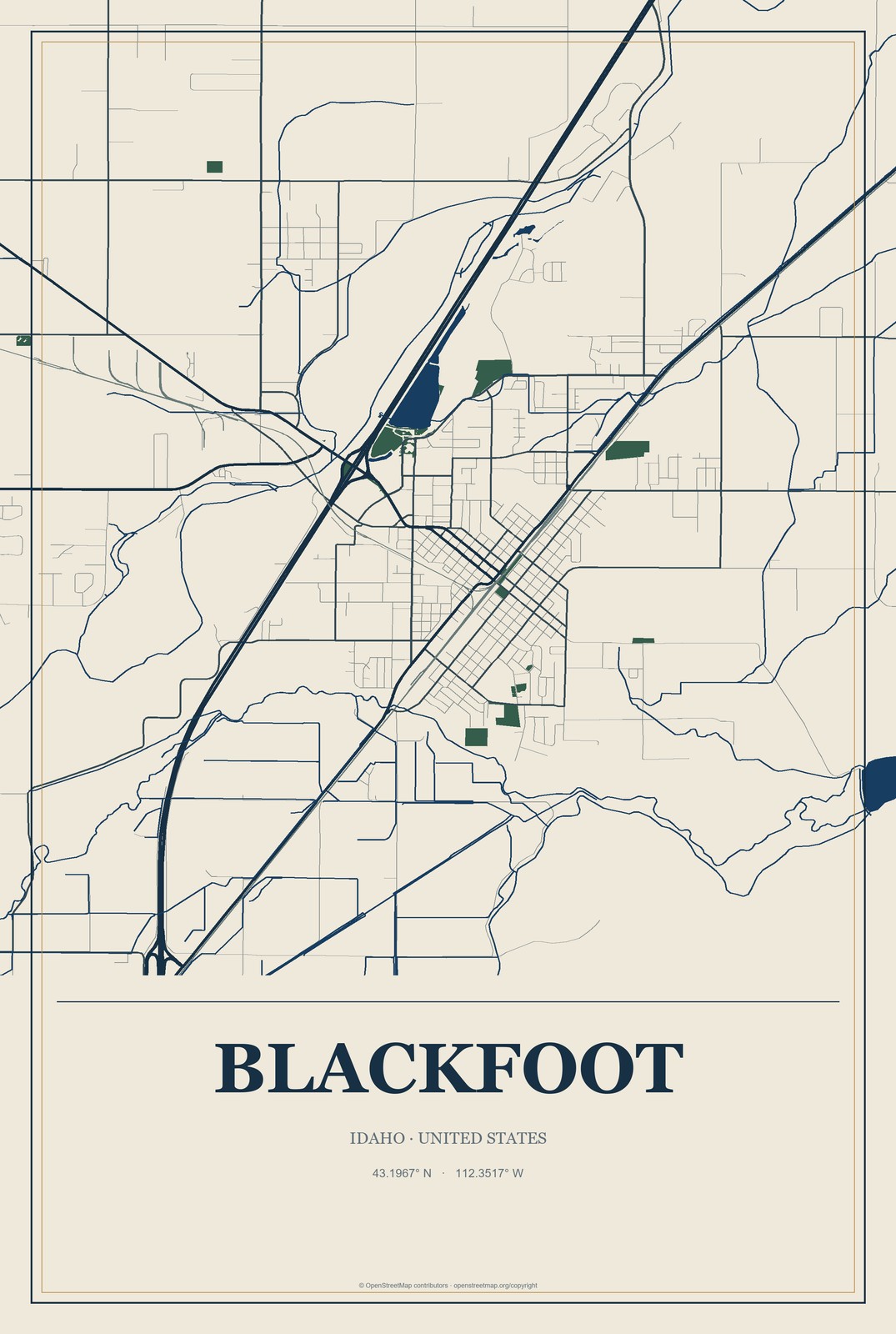 Blackfoot, Idaho City Map Aluminum Sign in Coastal Cutout style