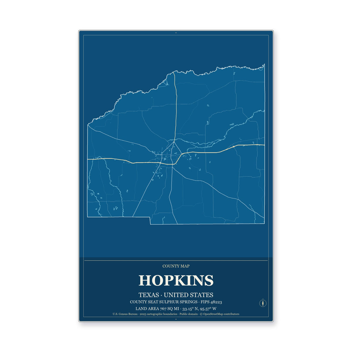 Hopkins County, Texas Map Aluminum Sign in Harbor Cobalt style
