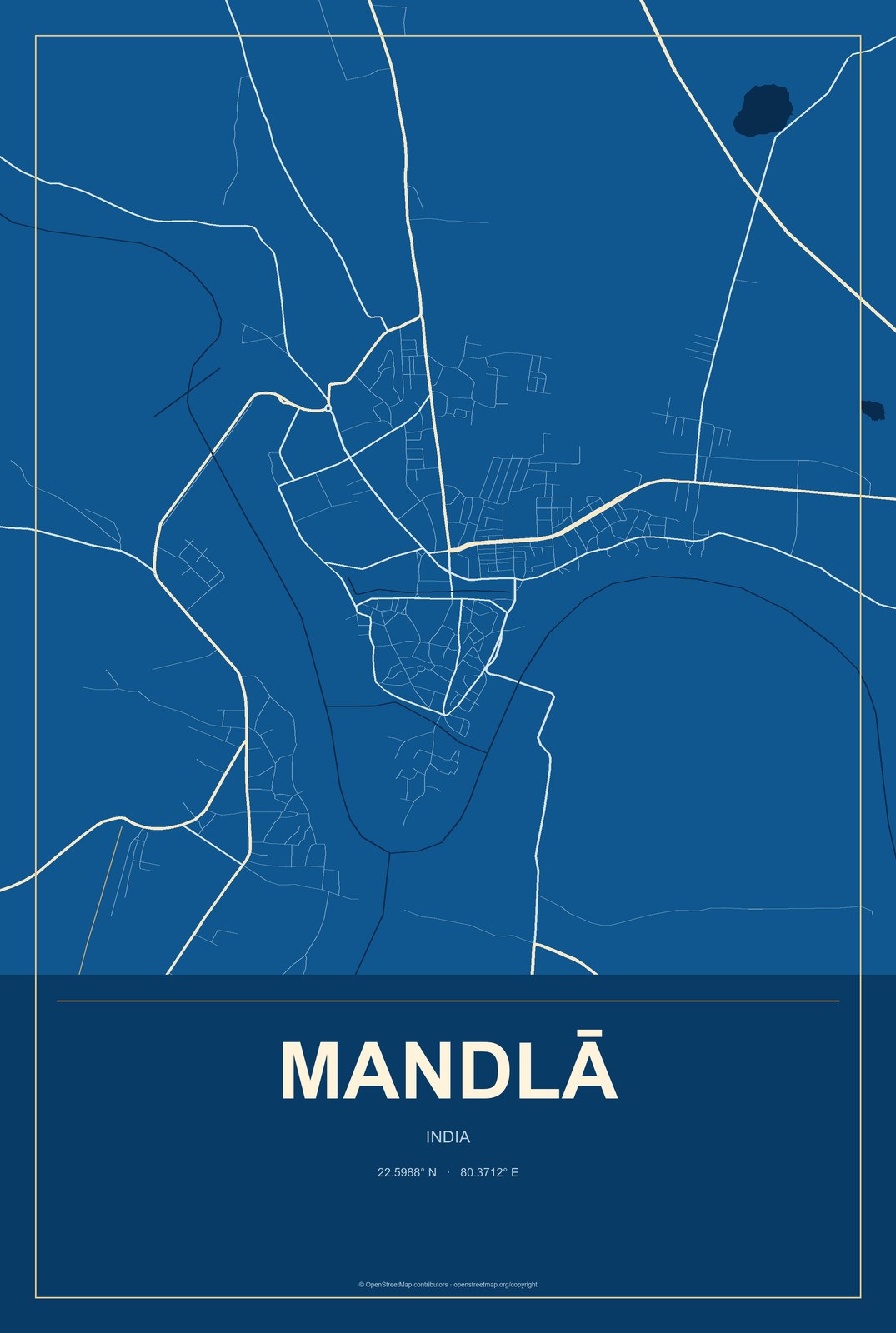 Mandlā, India City Map Aluminum Sign in Harbor Cobalt style