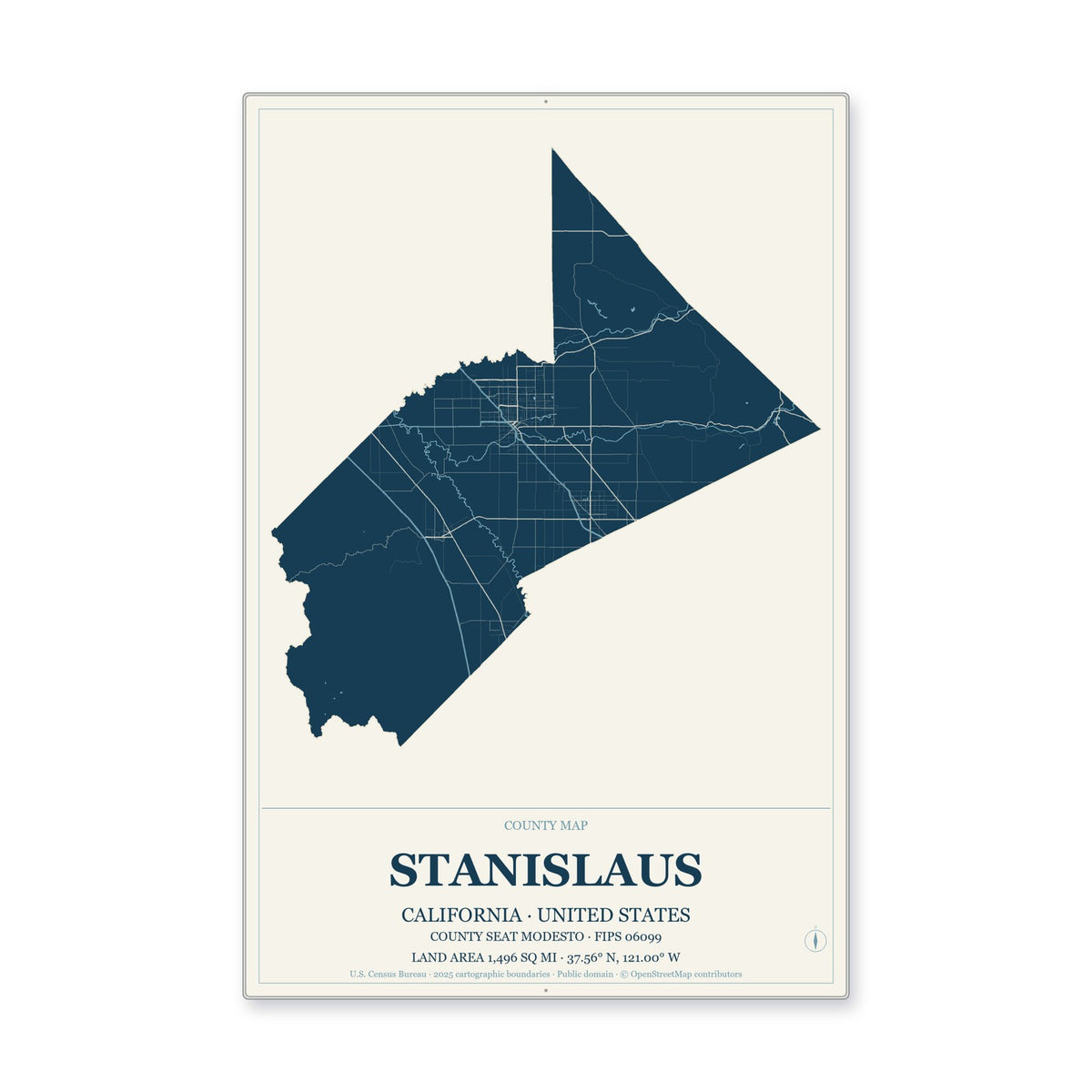Stanislaus County, California Map Aluminum Sign in Coastal Cutout style