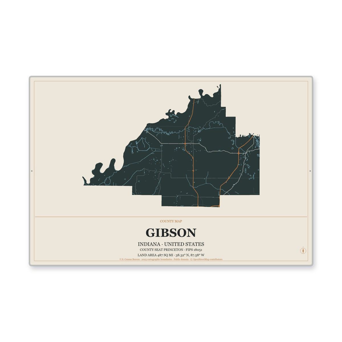 Gibson County, Indiana Map Aluminum Sign in Headline Atlas style