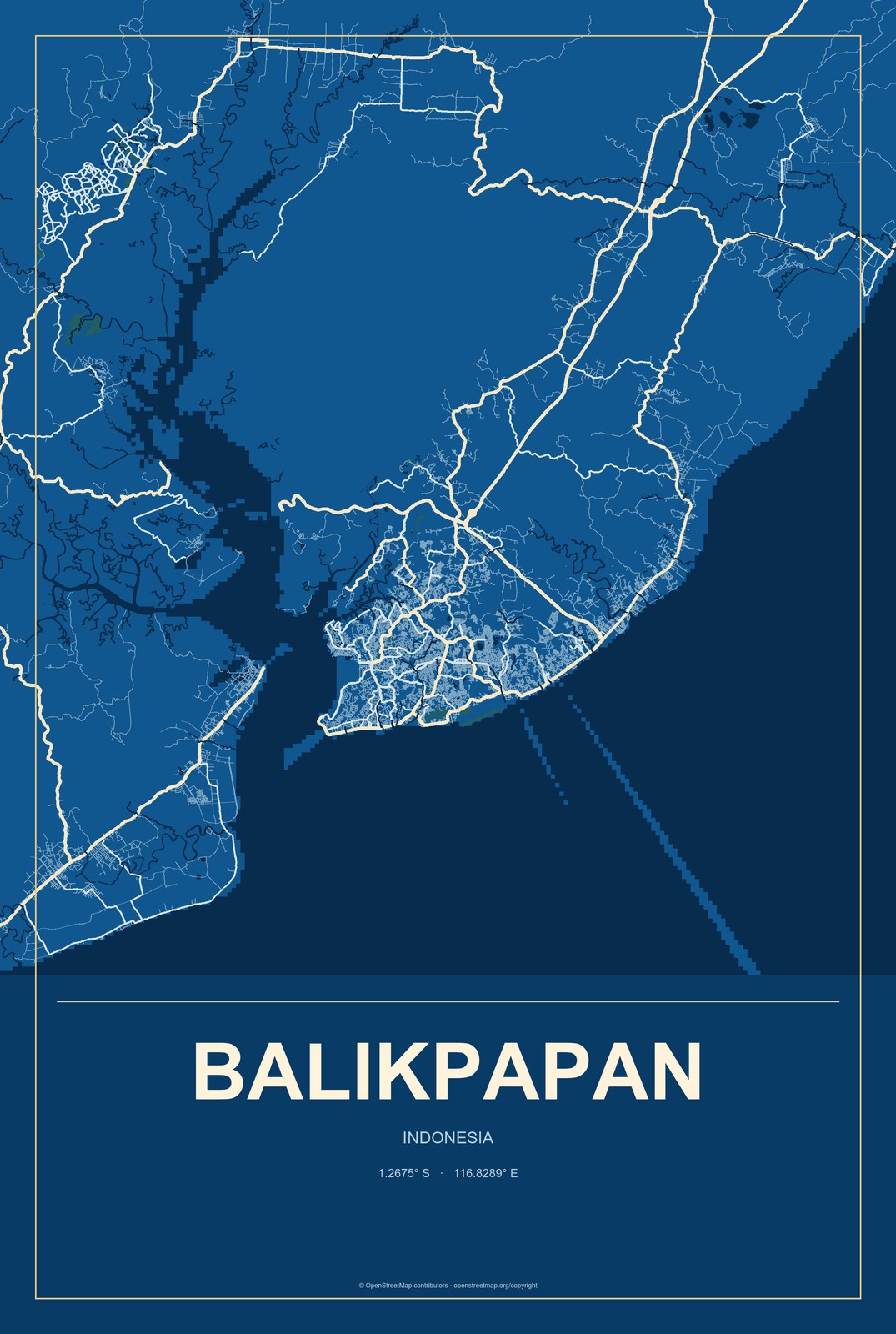 Balikpapan, Indonesia City Map Aluminum Sign in Harbor Cobalt style