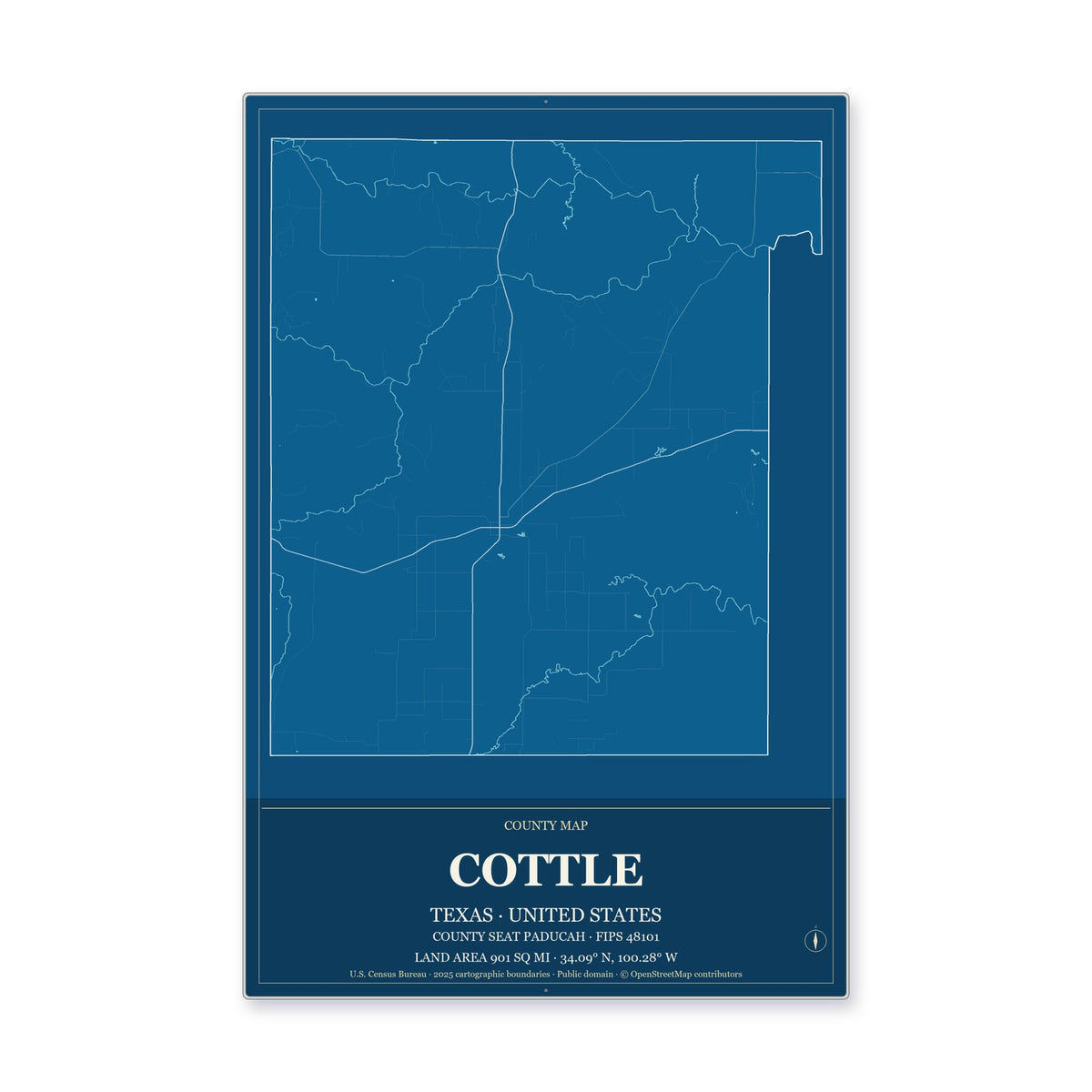 Cottle County, Texas Map Aluminum Sign in Harbor Cobalt style