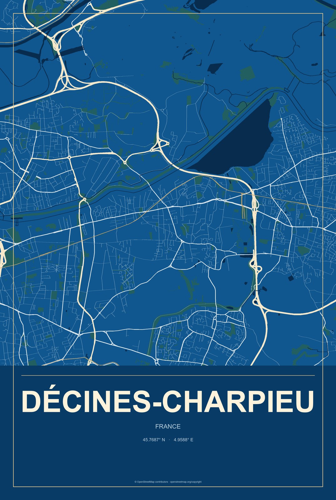 Décines-Charpieu, France City Map Aluminum Sign in Harbor Cobalt style