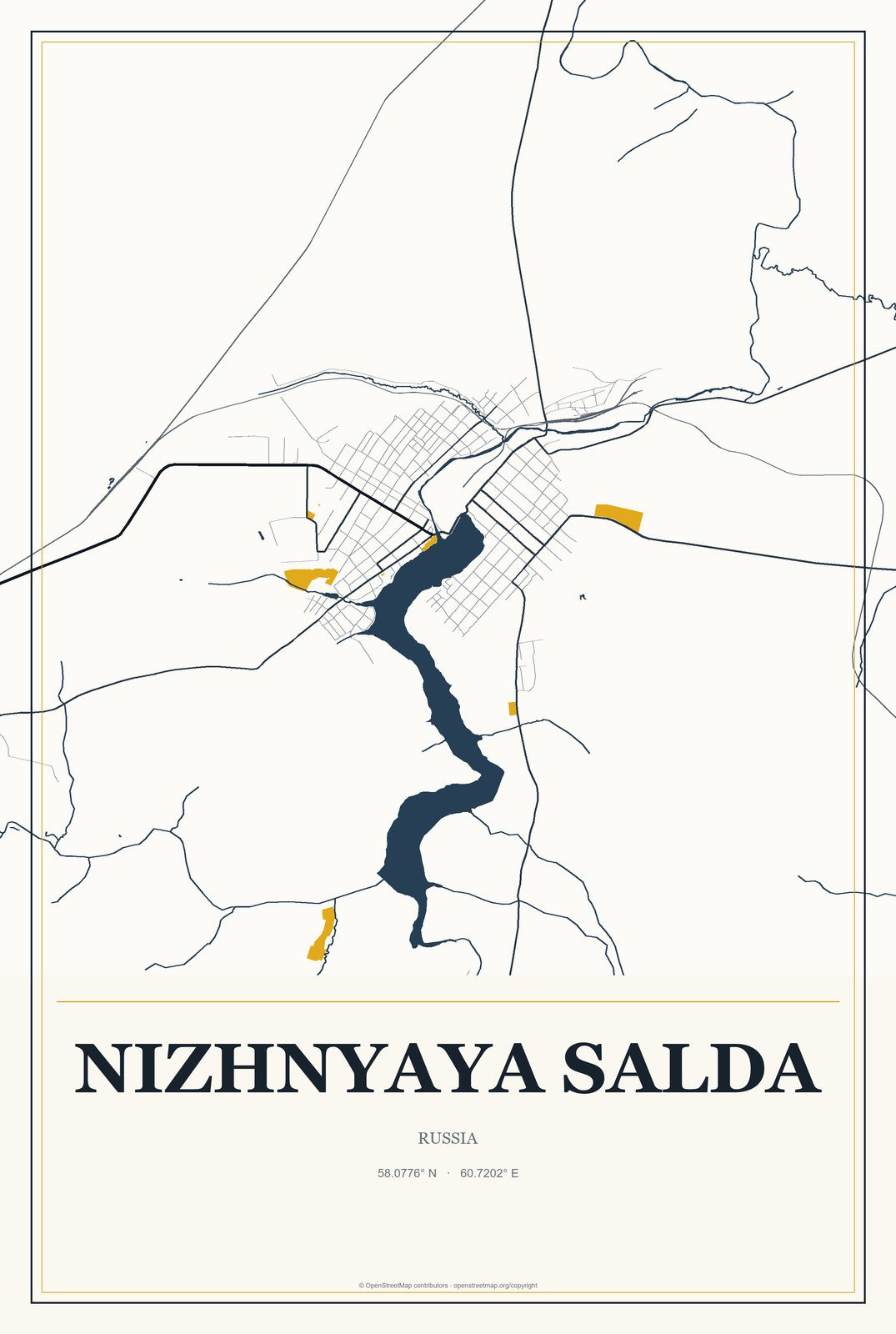 Nizhnyaya Salda, Russia City Map Aluminum Sign in Citrine Modern style
