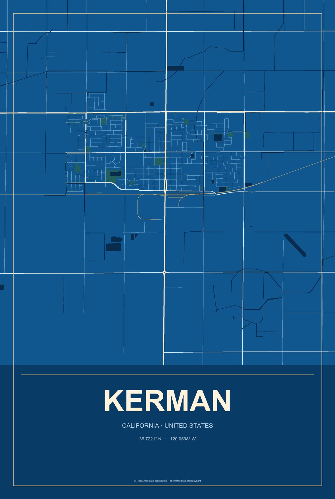 Kerman, California City Map Aluminum Sign in Harbor Cobalt style
