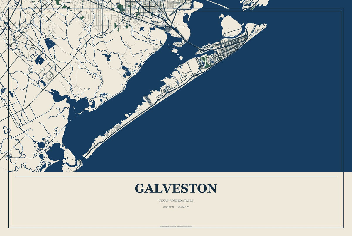 Galveston, Texas City Map Aluminum Sign in Coastal Cutout style