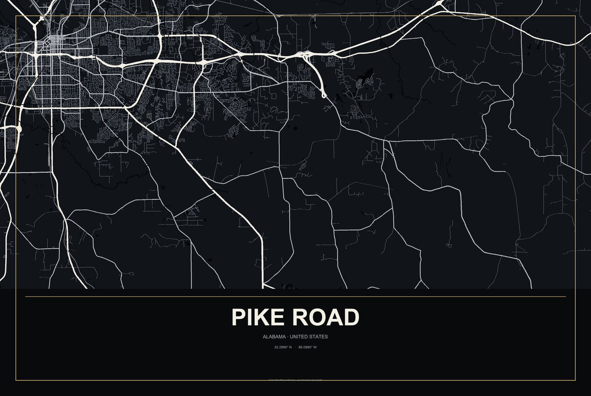 Pike Road, Alabama City Map Aluminum Sign in Metropolitan Noir style