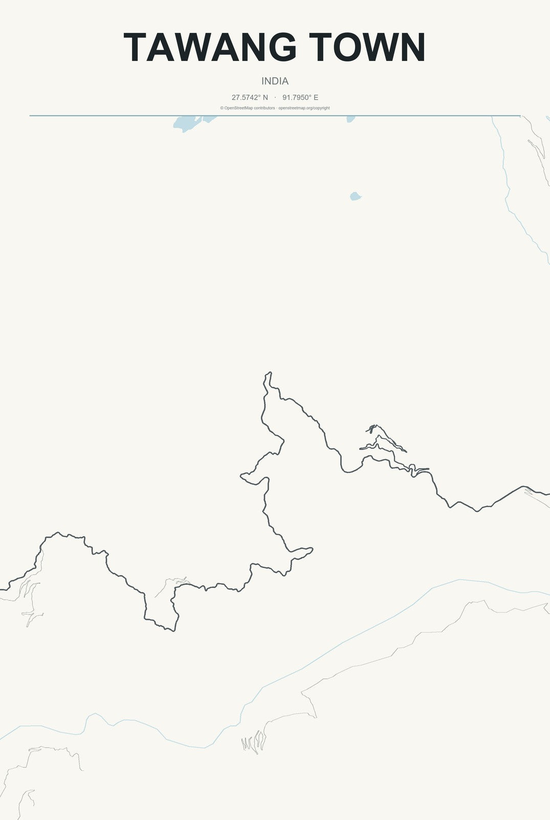 Tawang Town, India City Map Aluminum Sign in Headline Atlas style