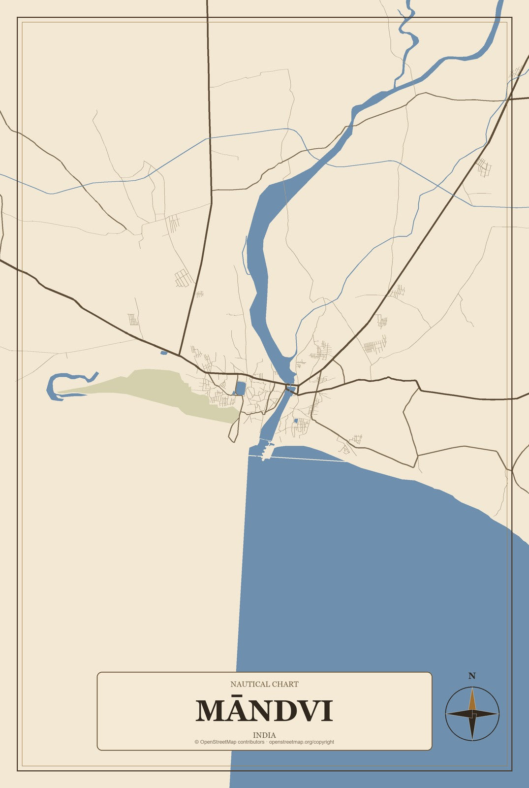 Māndvi, India City Map Aluminum Sign in Heritage Nautical style