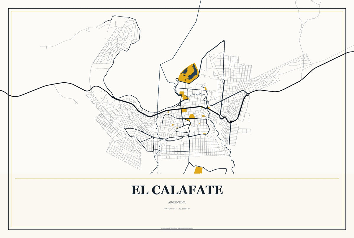 El Calafate, Argentina City Map Aluminum Sign in Citrine Modern style