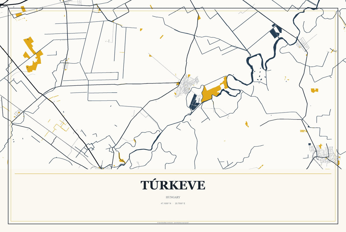 Túrkeve, Hungary City Map Aluminum Sign in Citrine Modern style