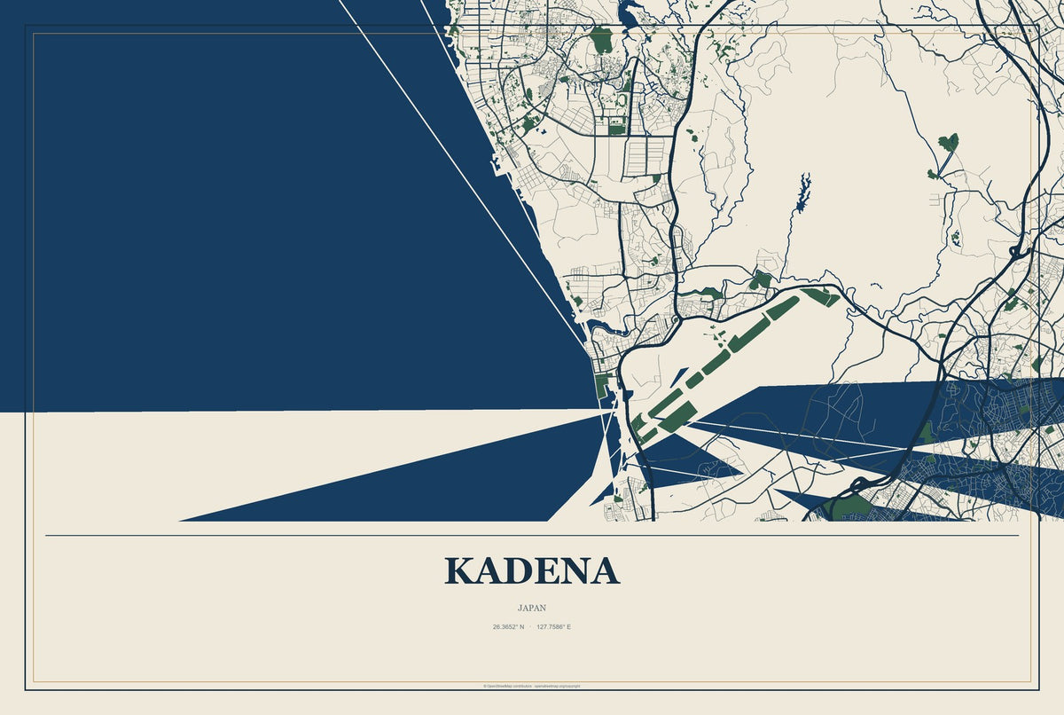 Kadena, Japan City Map Aluminum Sign in Coastal Cutout style
