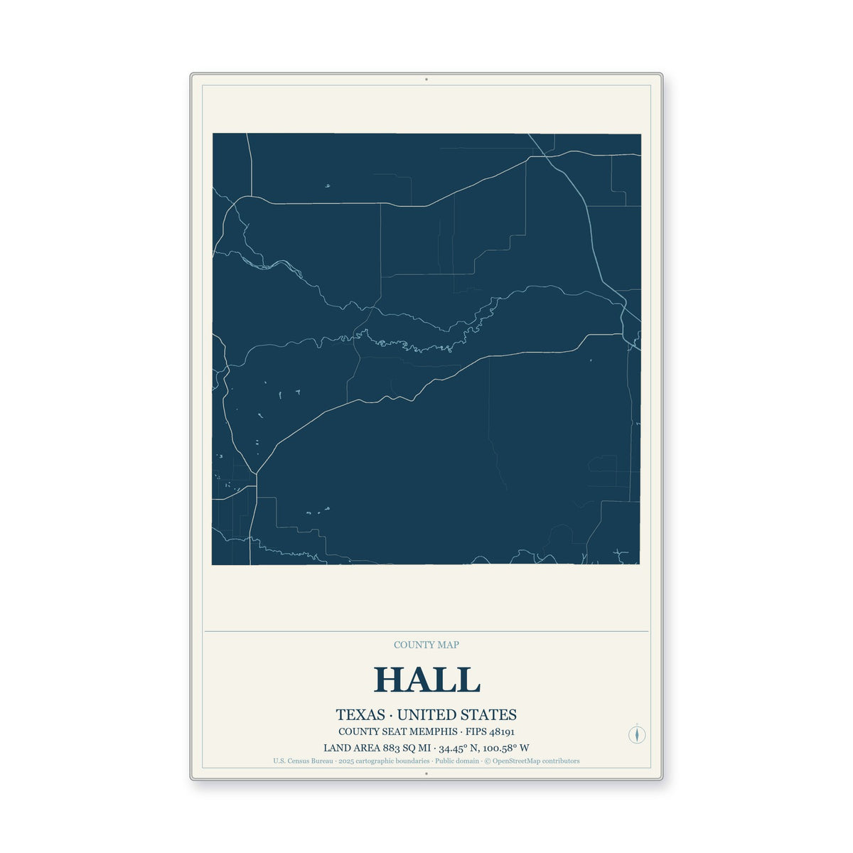 Hall County, Texas Map Aluminum Sign in Coastal Cutout style