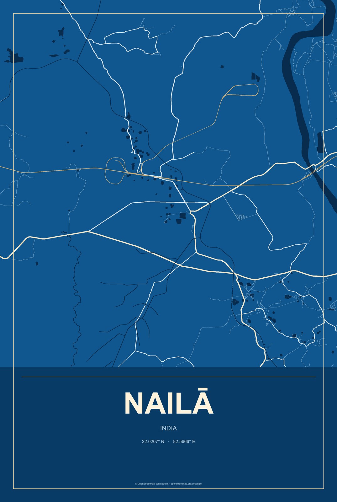 Nailā, India City Map Aluminum Sign in Harbor Cobalt style