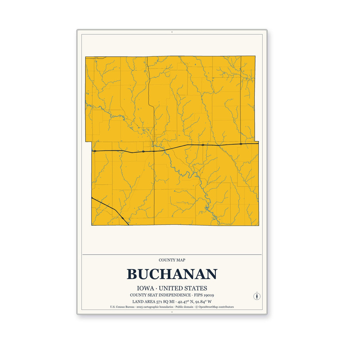 Buchanan County, Iowa Map Aluminum Sign in Citrine Modern style