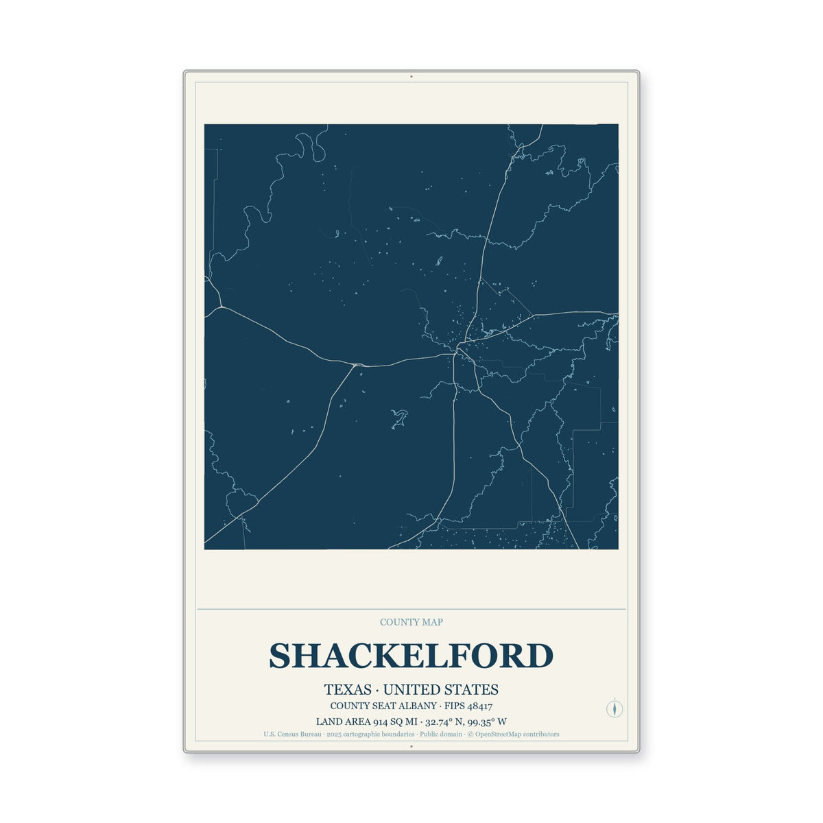 Shackelford County, Texas Map Aluminum Sign in Coastal Cutout style