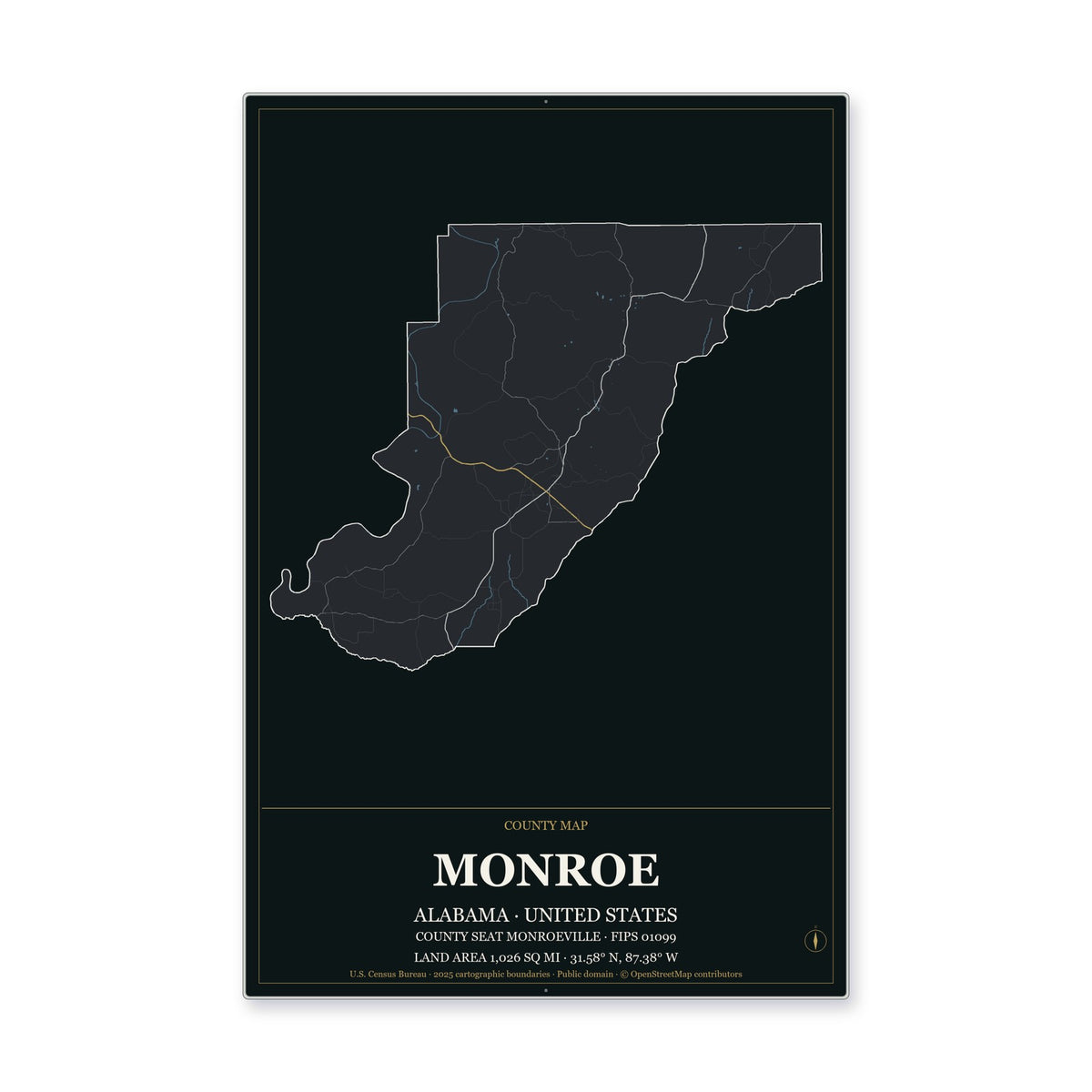 Monroe County, Alabama Map Aluminum Sign in Metropolitan Noir style