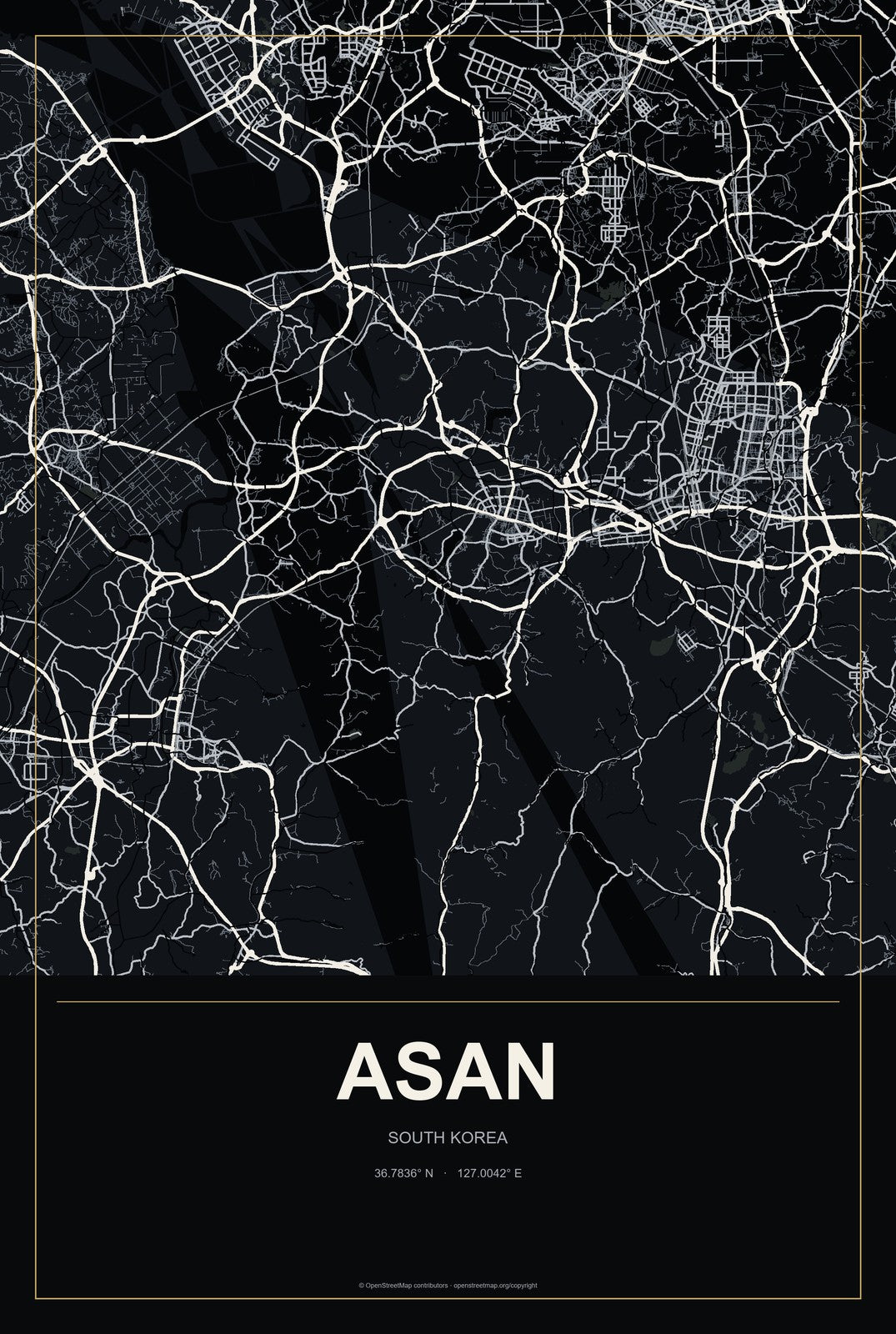 Asan, South Korea City Map Aluminum Sign in Metropolitan Noir style