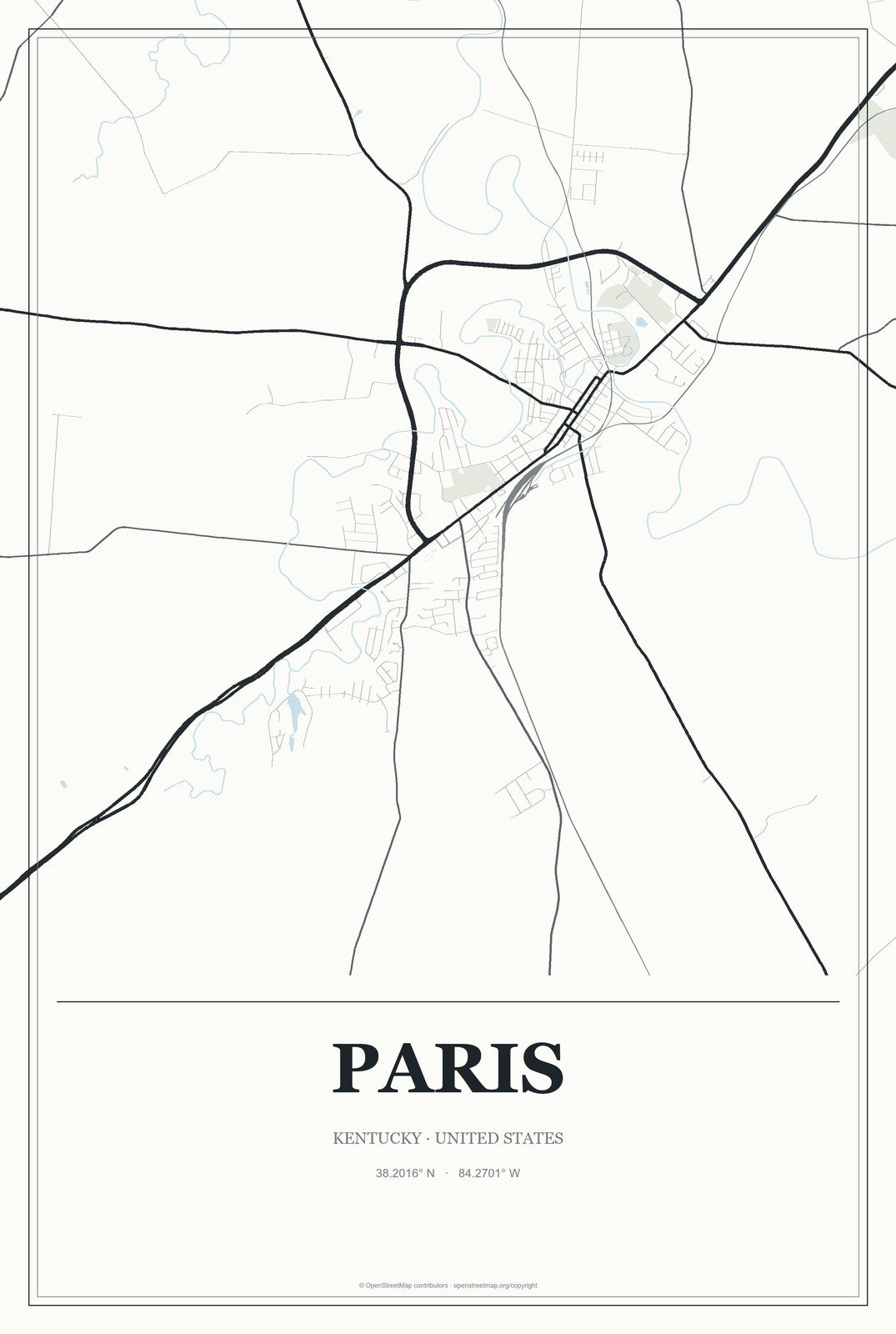 Paris, Kentucky City Map Aluminum Sign in Gallery Air style