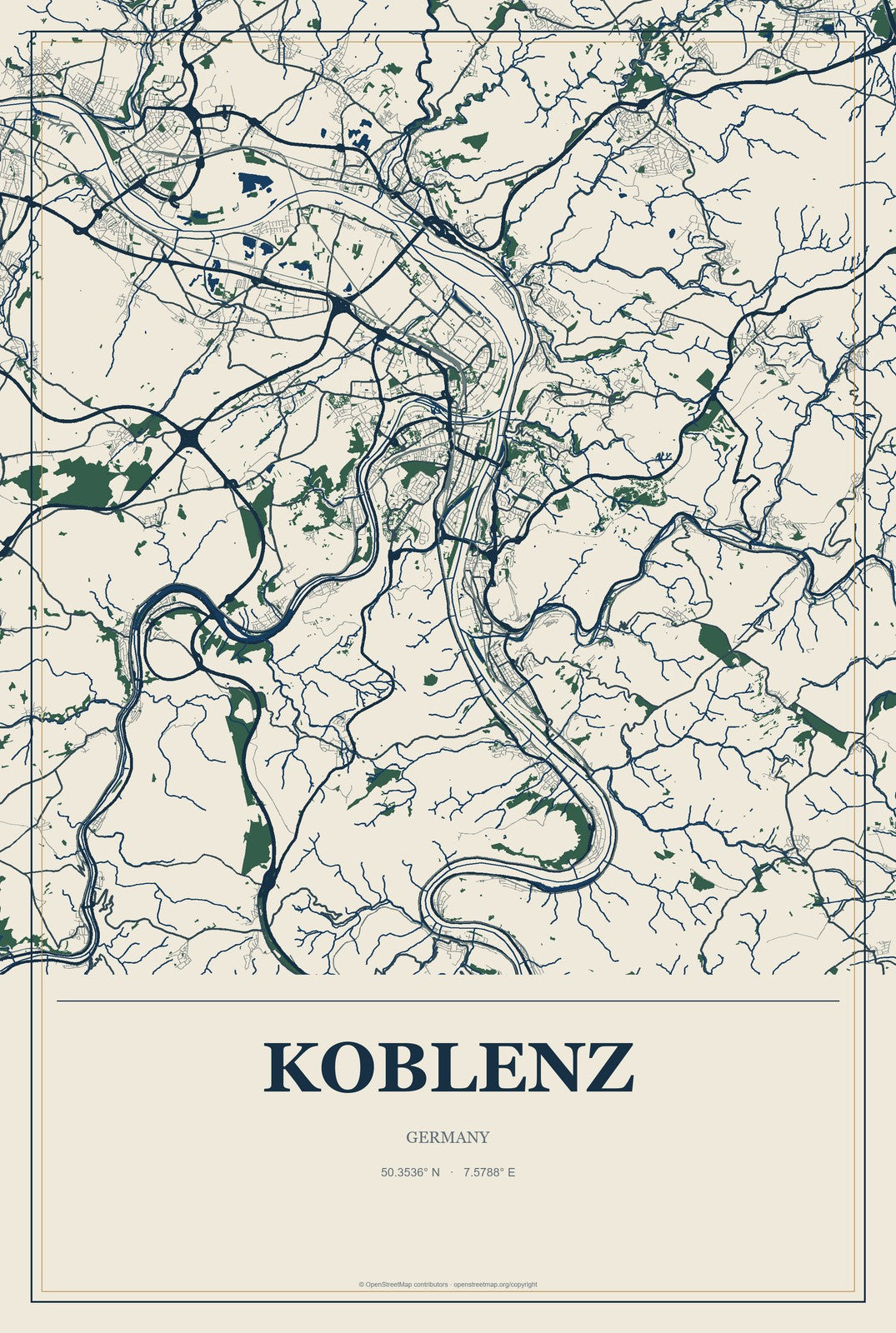 Koblenz, Germany City Map Aluminum Sign in Coastal Cutout style