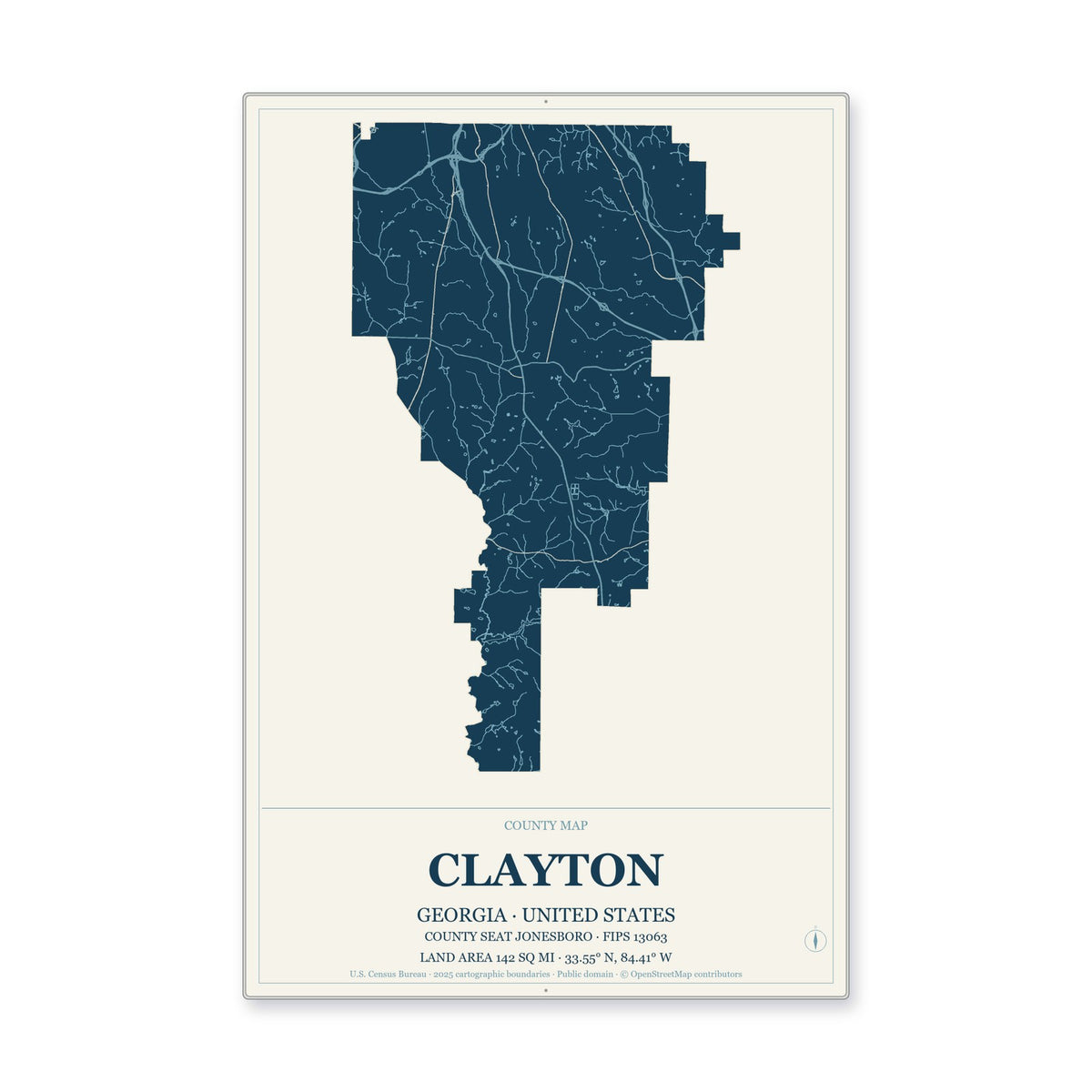 Clayton County, Georgia Map Aluminum Sign in Coastal Cutout style