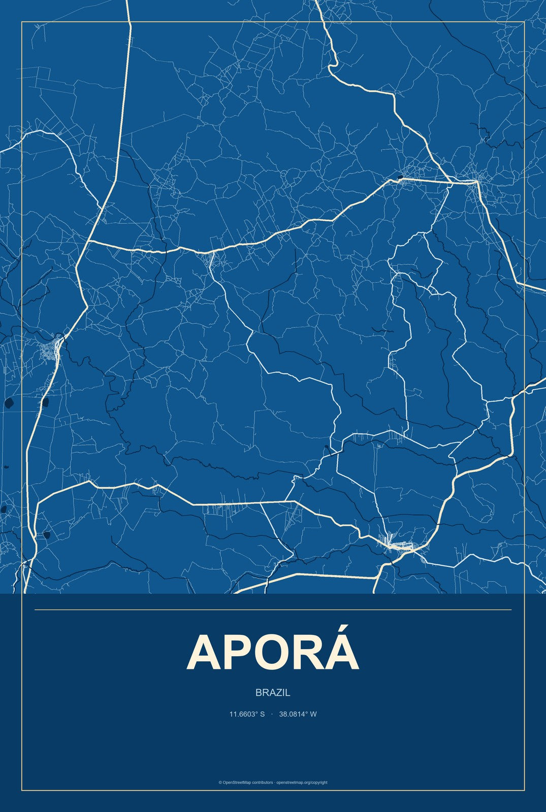 Aporá, Brazil City Map Aluminum Sign in Harbor Cobalt style