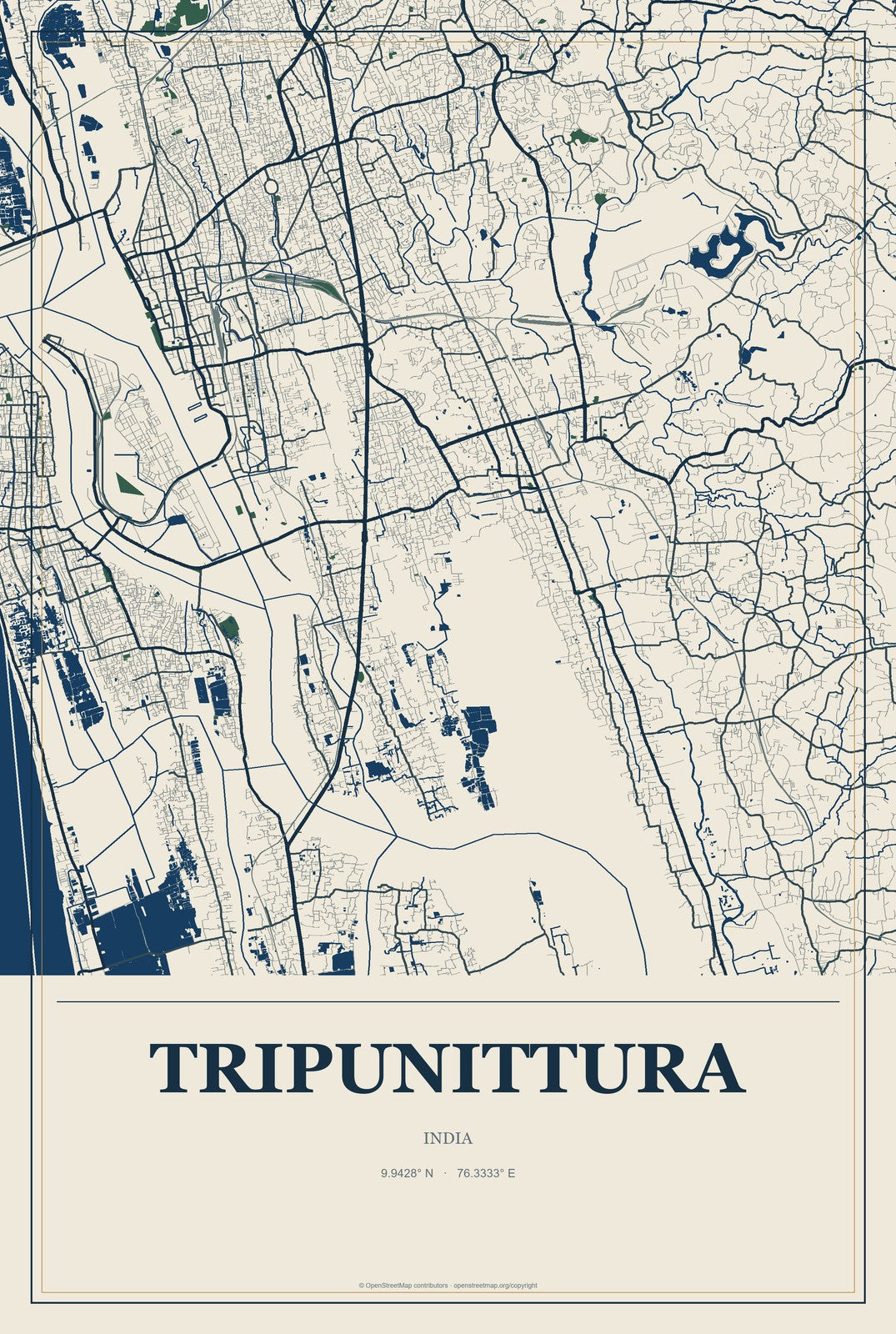 Tripunittura, India City Map Aluminum Sign in Coastal Cutout style