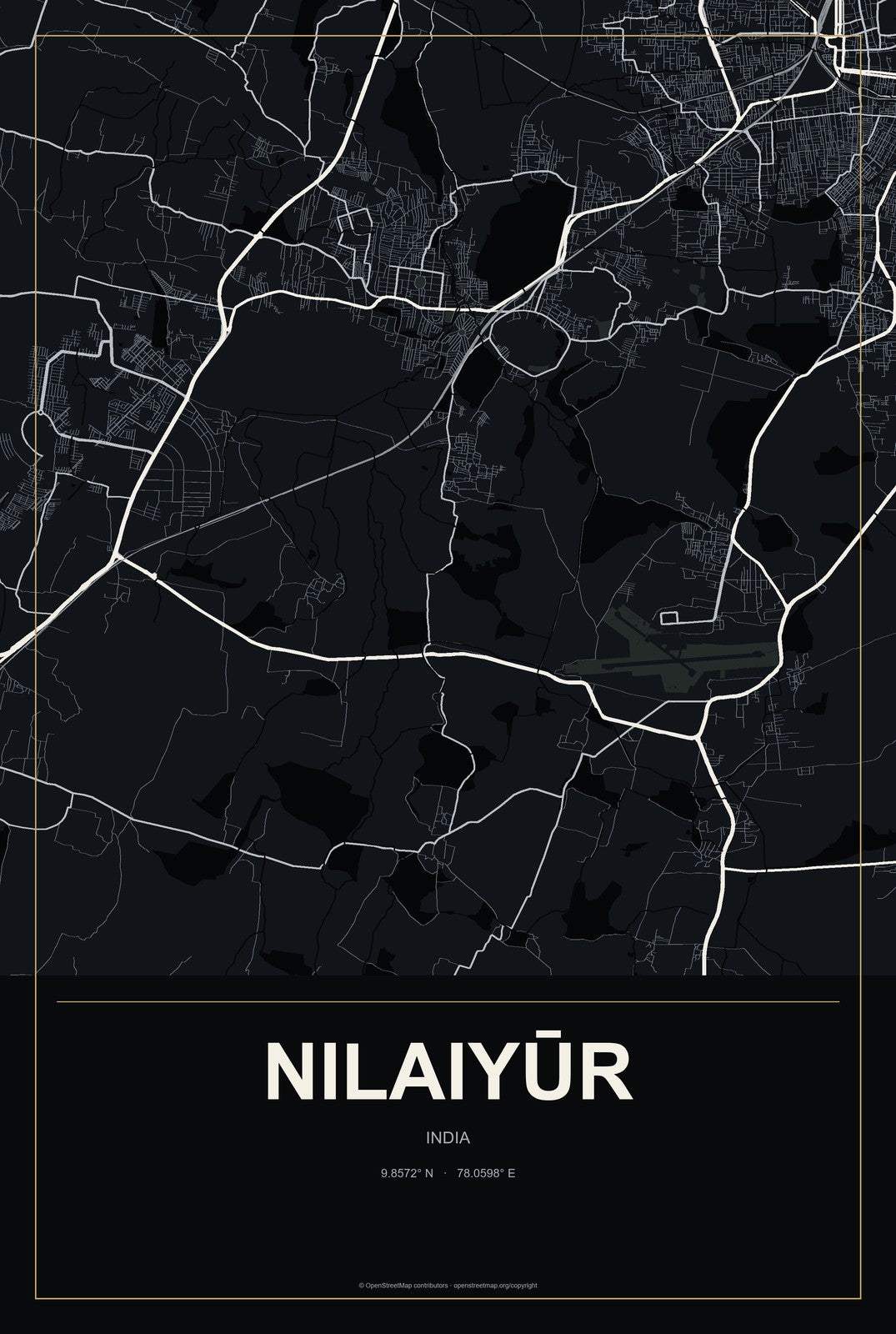 Nilaiyūr, India City Map Aluminum Sign in Metropolitan Noir style