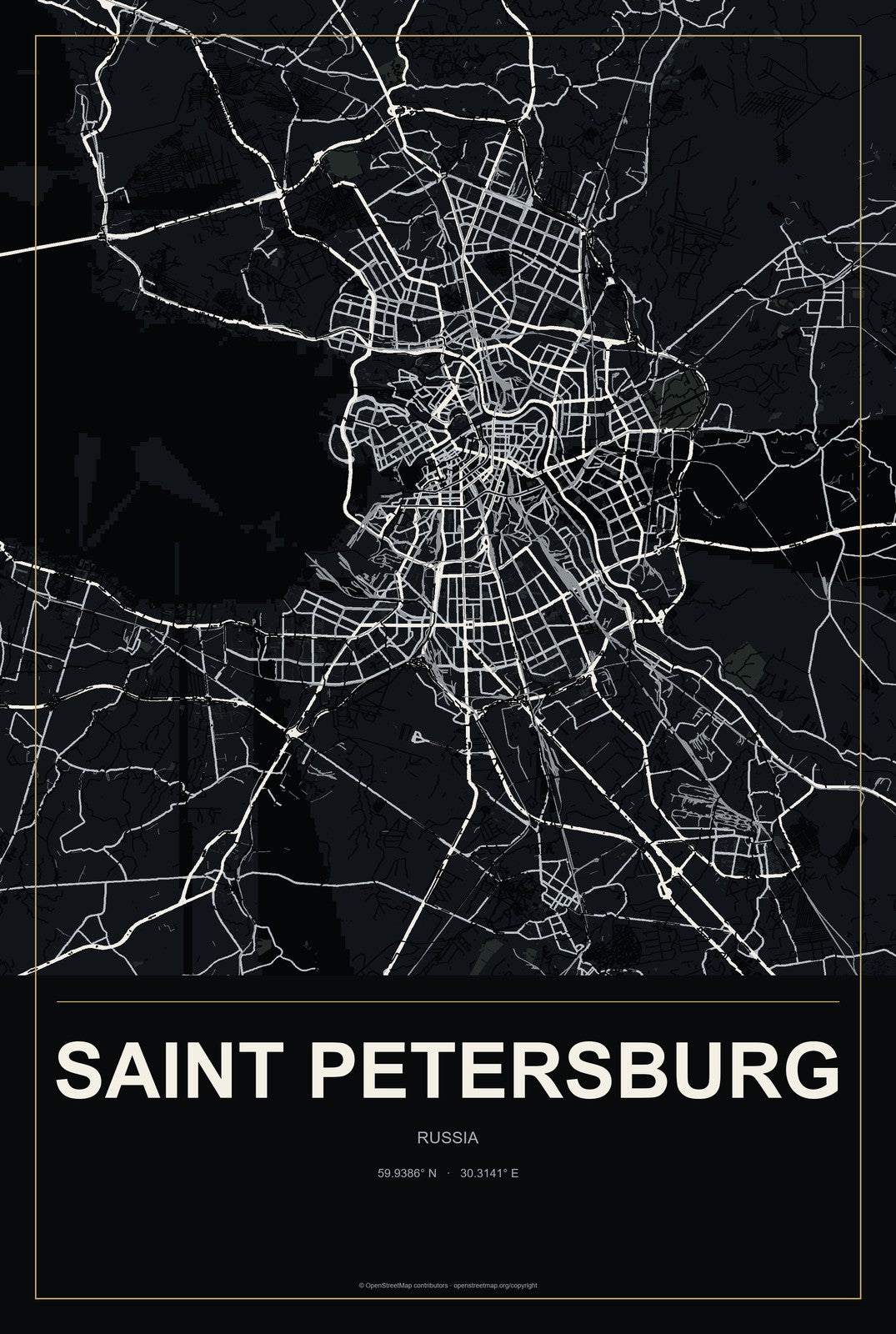 Saint Petersburg, Russia City Map Aluminum Sign in Metropolitan Noir style