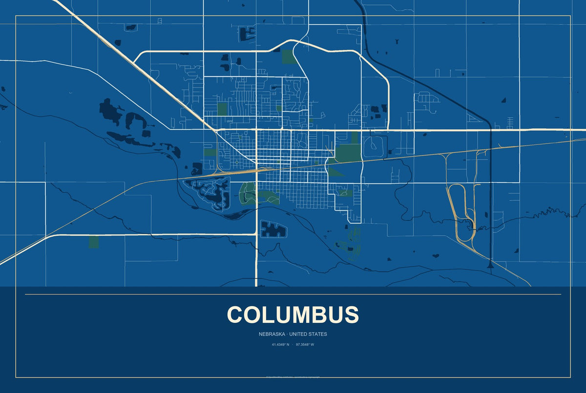 Columbus, Nebraska City Map Aluminum Sign in Harbor Cobalt style