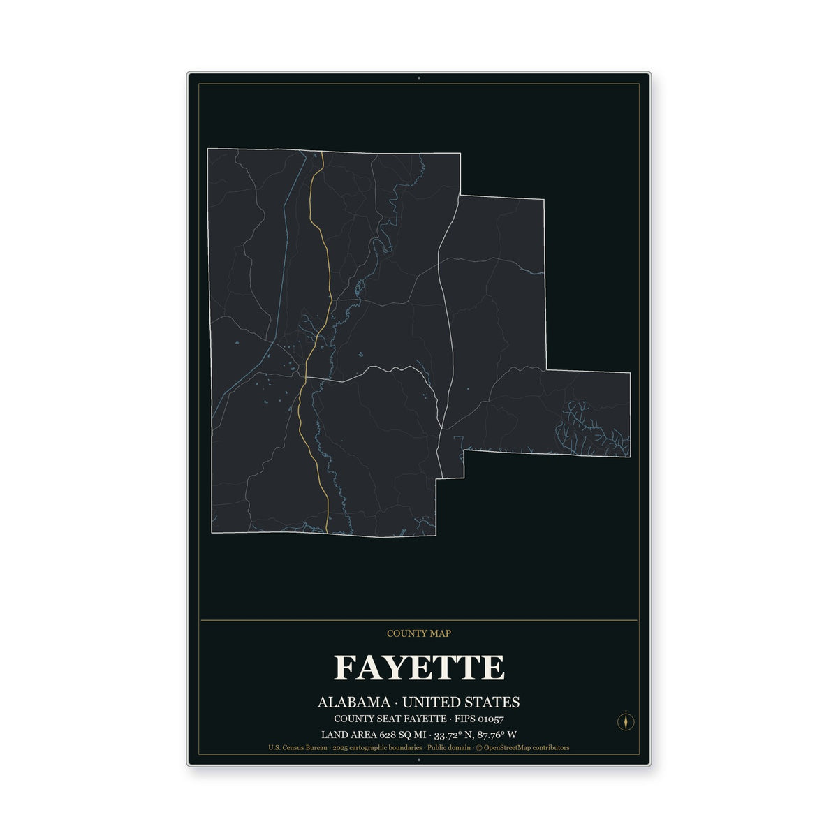 Fayette County, Alabama Map Aluminum Sign in Metropolitan Noir style