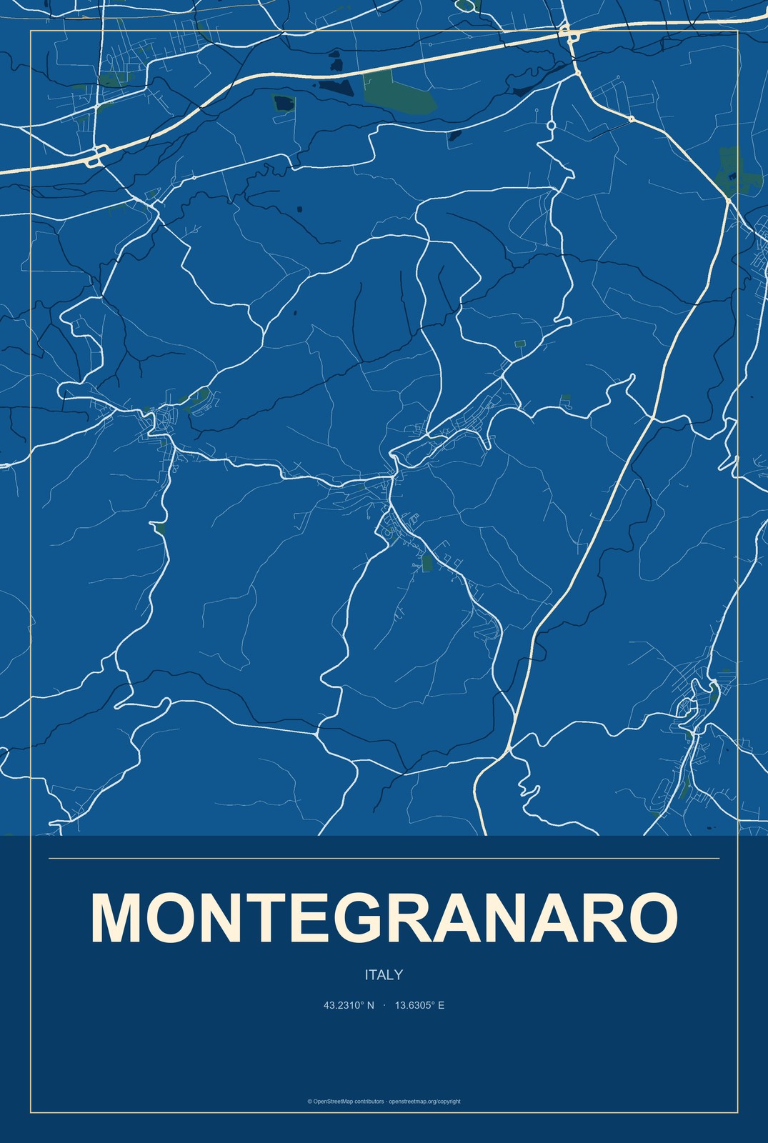 Montegranaro, Italy City Map Aluminum Sign in Harbor Cobalt style