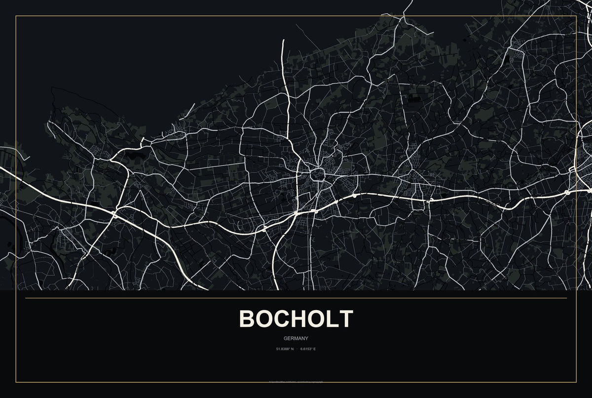 Bocholt, Germany City Map Aluminum Sign in Metropolitan Noir style