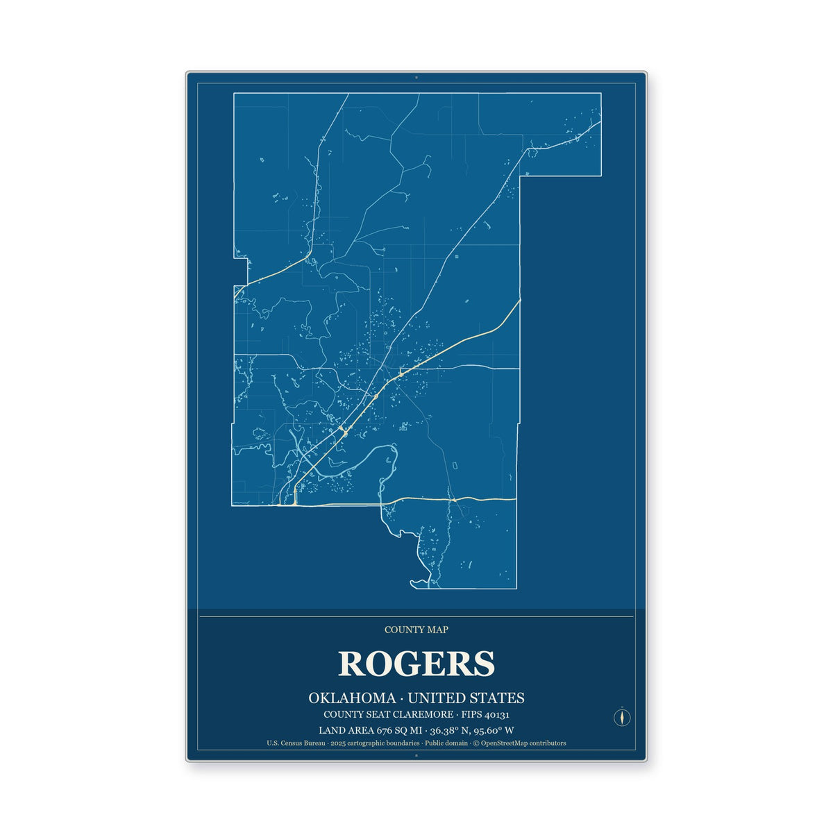 Rogers County, Oklahoma Map Aluminum Sign in Harbor Cobalt style