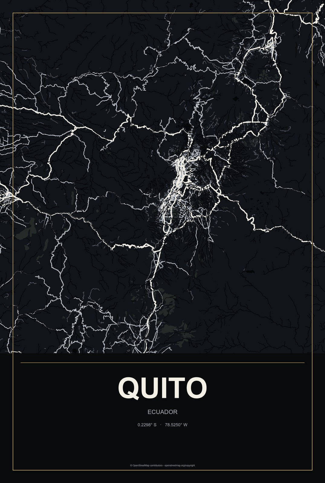Quito, Ecuador City Map Aluminum Sign in Metropolitan Noir style