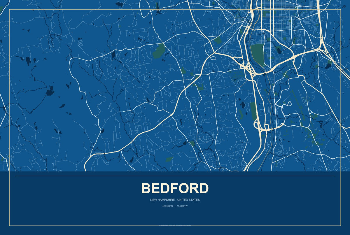 Bedford, New Hampshire City Map Aluminum Sign in Harbor Cobalt style