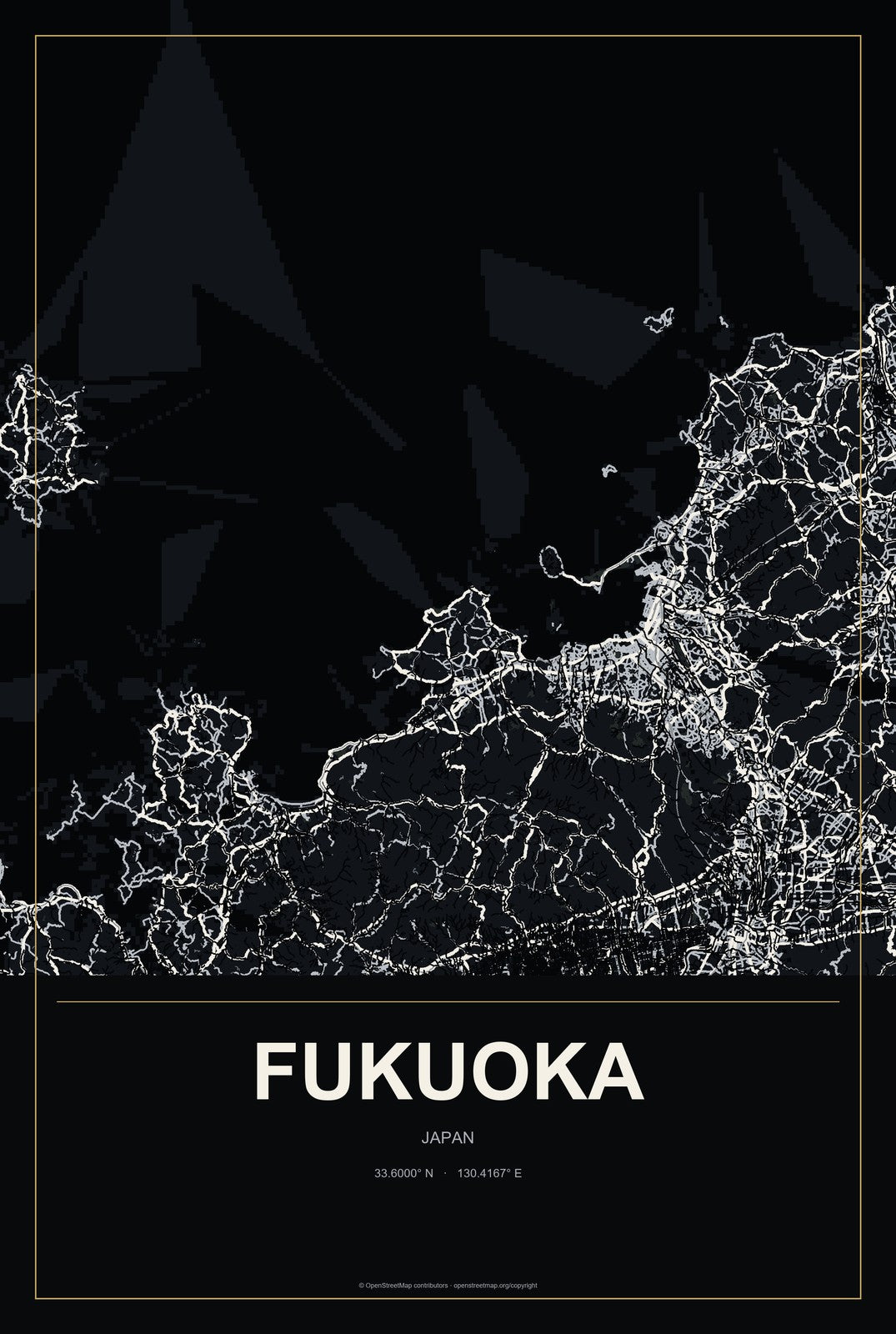 Fukuoka, Japan City Map Aluminum Sign in Metropolitan Noir style