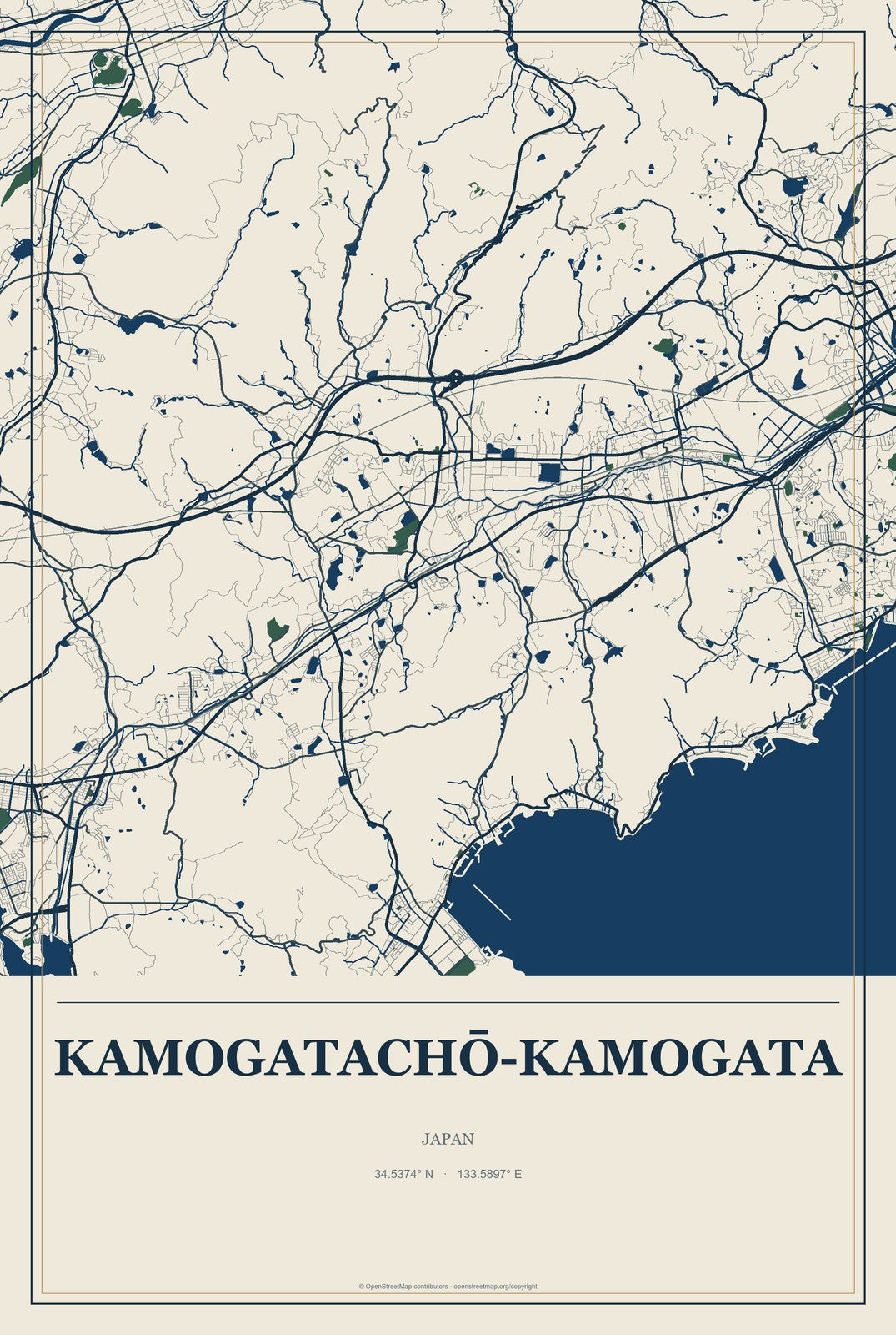 Kamogatachō-kamogata, Japan City Map Aluminum Sign in Coastal Cutout style