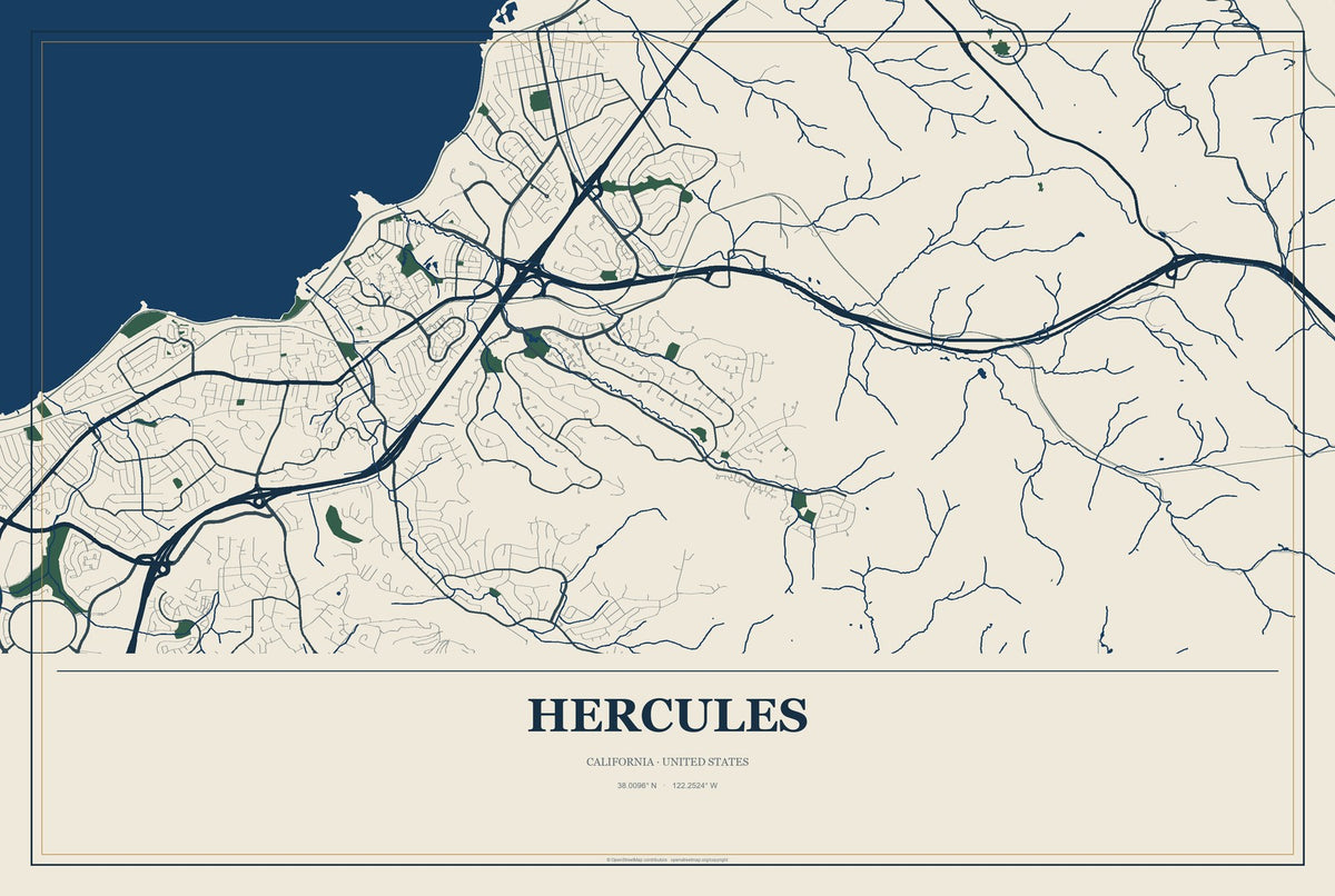 Hercules, California City Map Aluminum Sign in Coastal Cutout style