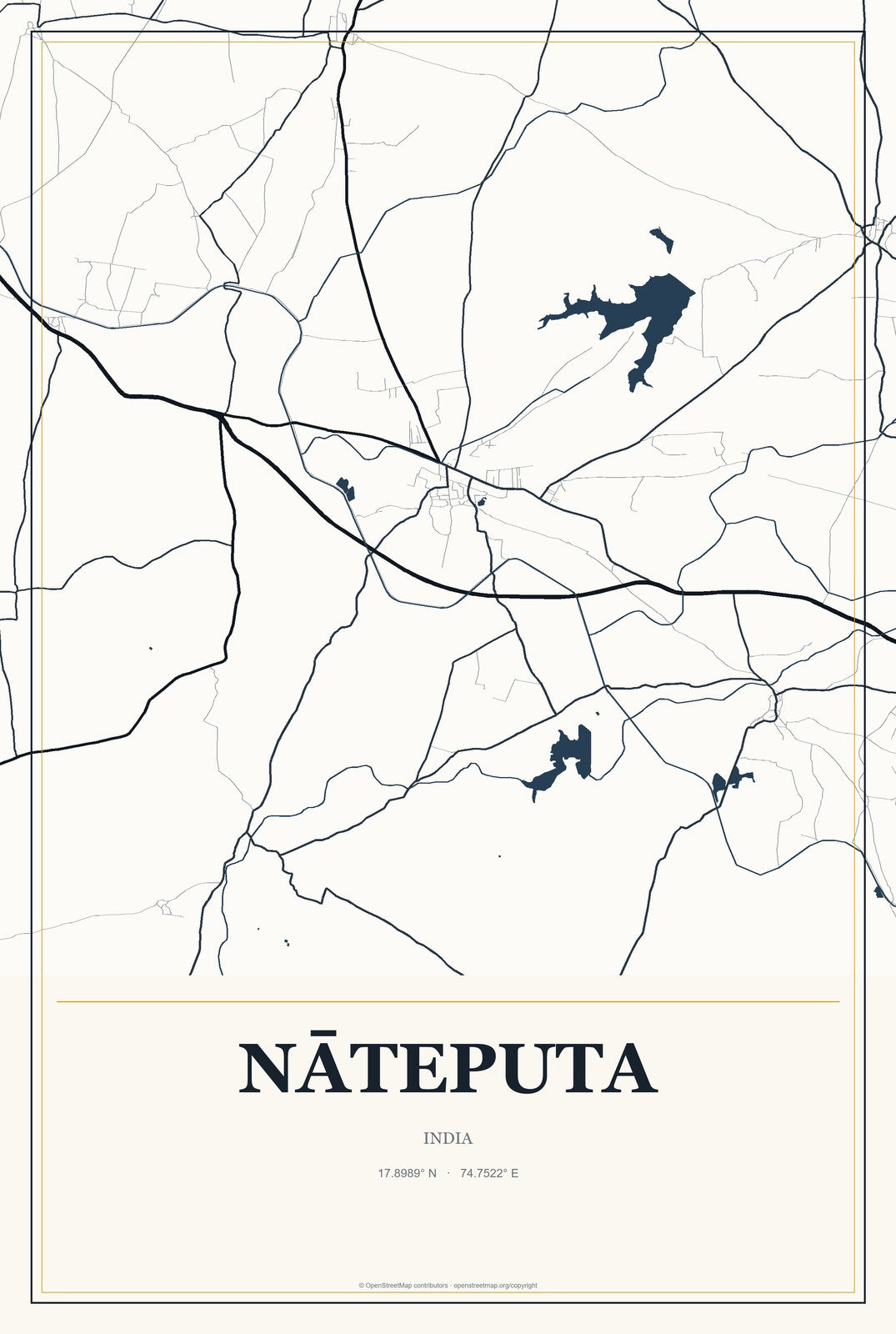 Nāteputa, India City Map Aluminum Sign in Citrine Modern style