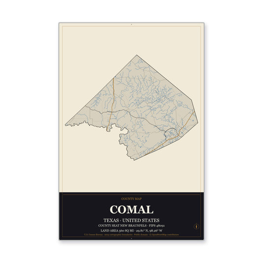 Comal County, Texas Map Aluminum Sign in Museum Plaque style